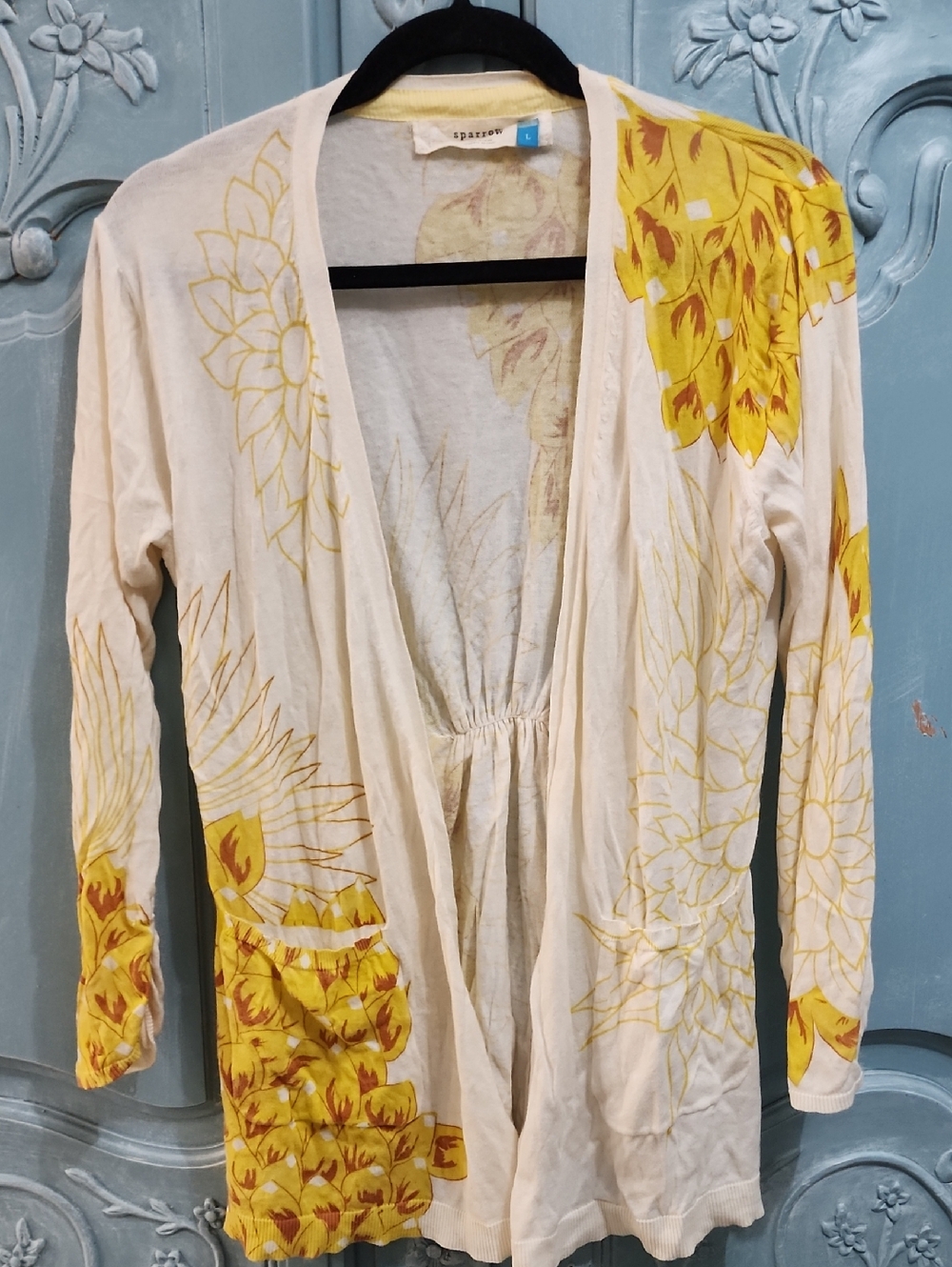 Anthropologie Sparrow Cream Cardigan with Yellow Floral Print